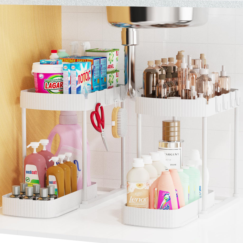 ukeetap 2 Pack Multi-Purpose Pull-Out Storage Organizers Under Sink Organizers and Storage for Bathroom & Kitchen Under Cabinet Organizers and storage 12.8 Inch White