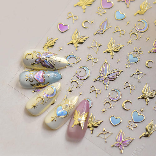 Butterfly Nail Art Stickers 5D Butterfly Nail Stickers Gold Butterfly Moon Star Nails Decals Bow Nail Art Stickers Decals Butterfly Nail Art Supplies for Women DIY Manicure Nail Art Decorations